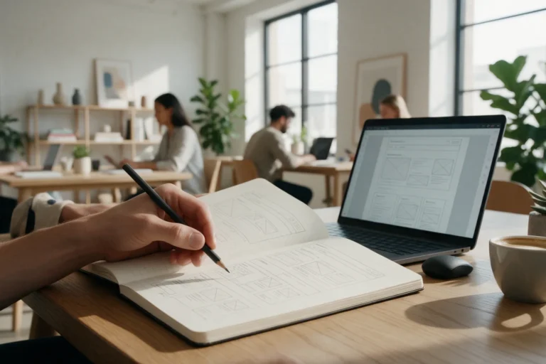 Designer sketching website wireframes